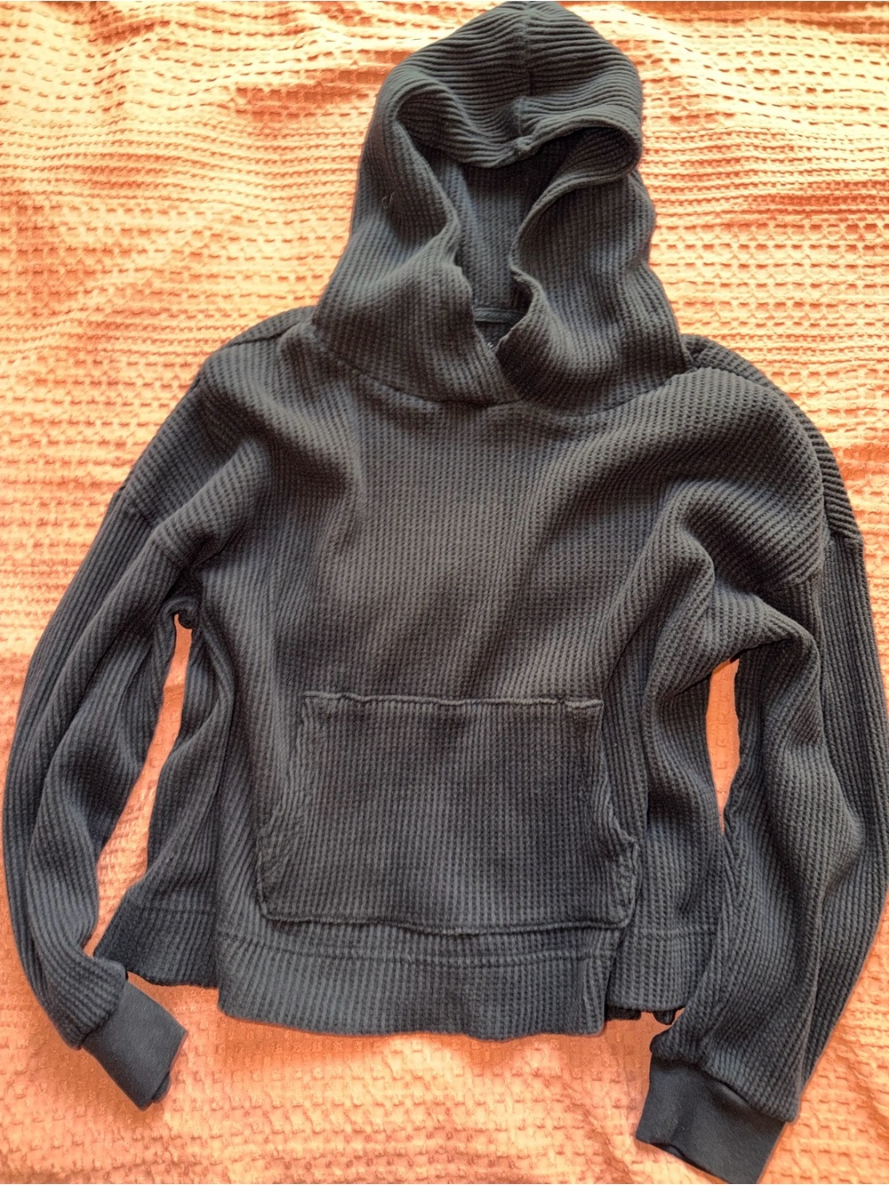 Black Hooded Waffle-Knit Sweater